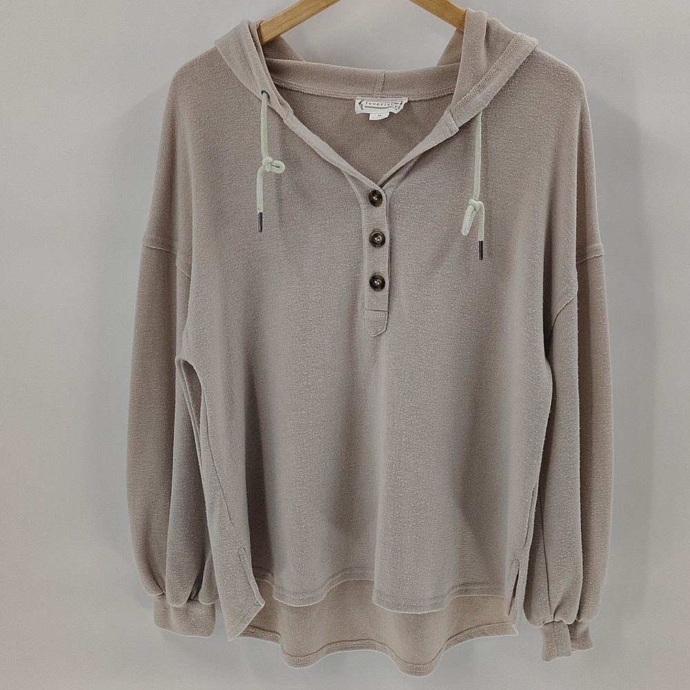 Love Riche Top Medium Taupe Tan Fuzzy Sweater Hoodie